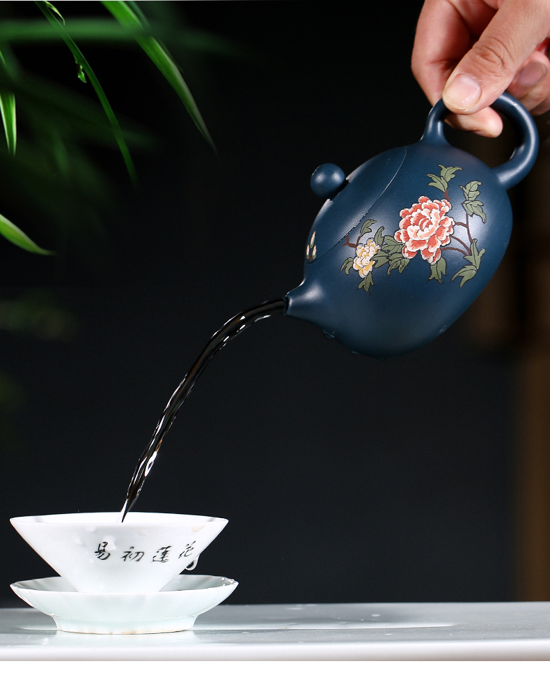 純手工紫砂壺，小巧琺瑯印花紫砂壺